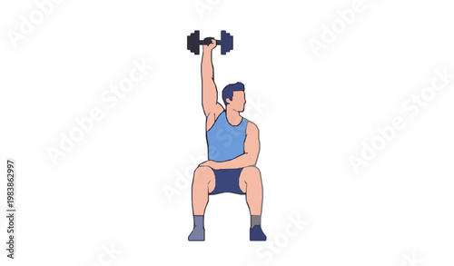Minimal Flat Design Man Doing Seated Single Arm Dumbbell Triceps Workout Exercise Vector Illustration on White Background