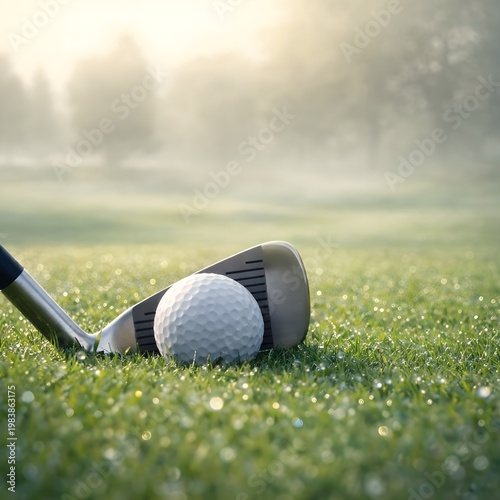 Golf Club and Ball on Dewy Green Grass at Misty Sunrise, Professional Golf Equipment in Morning Light, Serene Golf Course Landscape Background