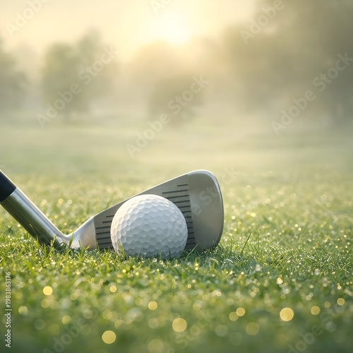 Close-Up of Golf Iron and Dimpled Ball on Dewy Green Grass at Dawn or Sunrise, Perfect for Sports, Leisure, and Morning Calm Themes.