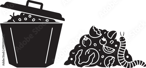 Composting food waste with a trash bin and worm Isolated on white background