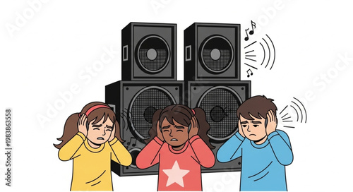 Children Covering Ears From Loud Speaker Noise.