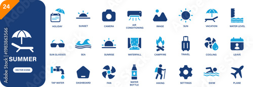 Summer icon collection featuring air conditioning, waterfall, travel, vacation and cooling symbols. Solid vector icons.