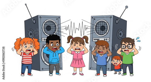 Children Covering Ears Loud Music Speakers.