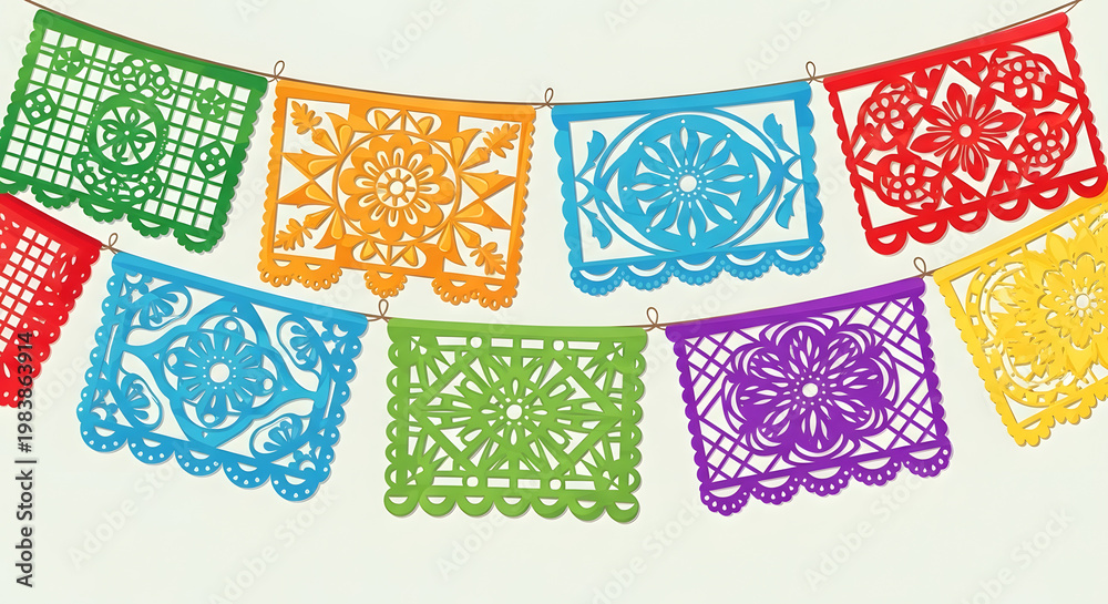 Naklejka premium Colorful Mexican Papel Picado Bunting Banner for Festive Celebrations