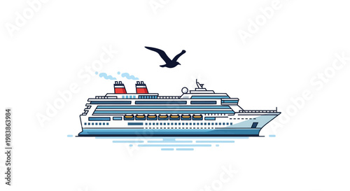 Modern Cruise Ship Sailing on Water with Seagull Flying Overhead