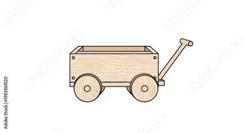 Simple wooden wagon with two wheels and handle on white background