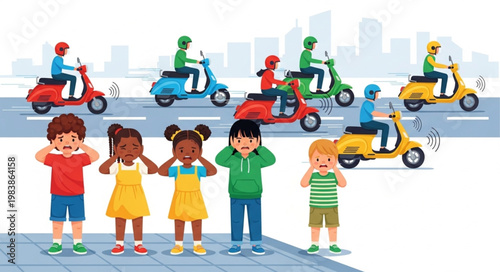 Children Covering Eyes Ears Mouth With Scooters in Background.