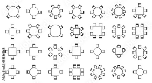 collection of top-down table and chair arrangements for dining and meeting rooms