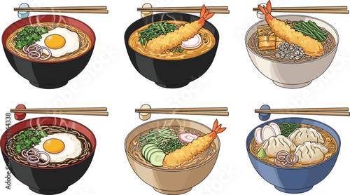 Japanese Ramen and Tempura Noodle Bowl Collection with Egg Shrimp Meat and Vegetable Toppings Top View Asian Cuisine Vector Illustration Set