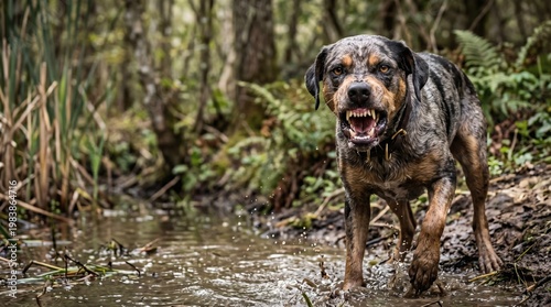 Angry dog walking through muddy water in forest, splashing and showing teeth