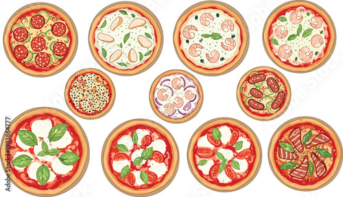 Cuadro en lienzo Variety of Italian Pizza Top View Collection with Margherita Pepperoni Seafood V