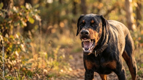 Rottweiler barking aggressively in autumn forest with sunlight and warm tones