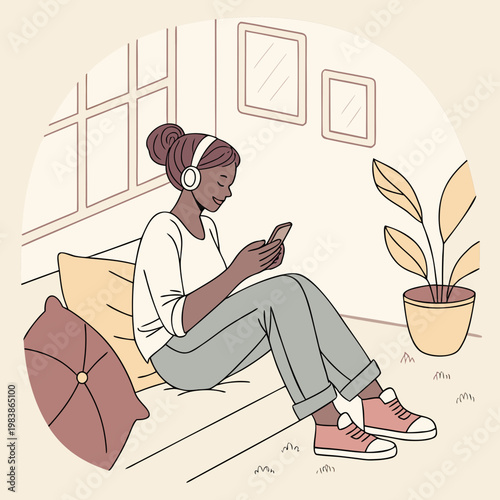A woman sitting on a couch listening to music