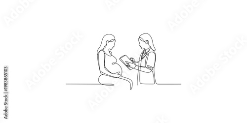Pregnant woman discussing health with doctor or midwife in a simple line drawing style medical