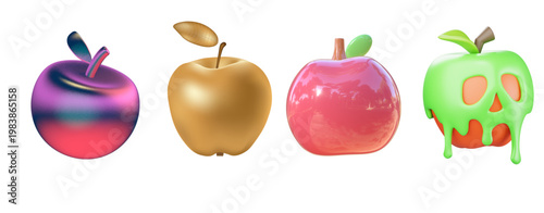 Collection of diverse, stylized apples rendered in vibrant, eye-catching colors and finishes