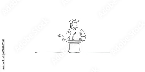 Graduate in cap and gown giving a speech at a podium graduation lecturer student university