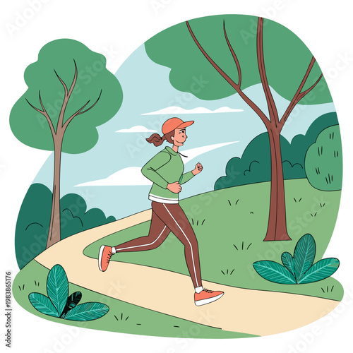 A woman is running on a path in the park