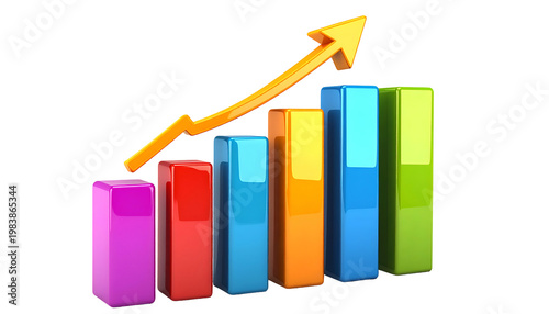 Colorful 3D Bar Chart Growth Arrow Isolated Transparent Background