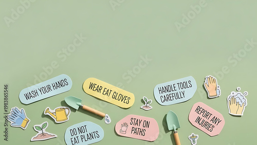 Gardening Safety Labels and Rules for Outdoor Education. Colorful stickers with instructions like Wash Your Hands, Wear Gloves, Do Not Eat Plants, Stay On Paths, and Handle Tools Carefully. Icons