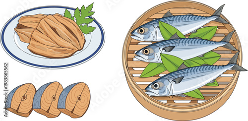 Steamed Fish with Herbs and Dried Fish Slices, Traditional Japanese Seafood Dish for Culinary, Food, and Restaurant Illustrations