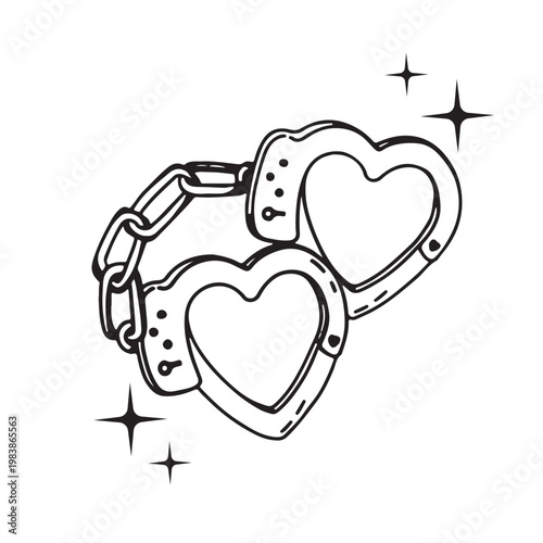 illustration of heart handcuffs with copy space. black and white, vector graphics