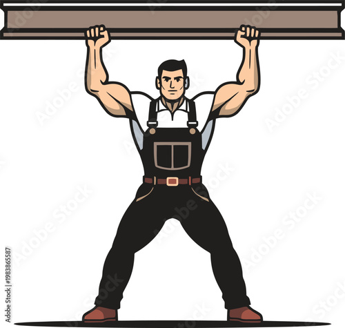 Strong muscular construction worker lifting steel beam vector transparent background EPS