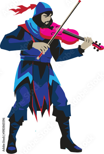 Medieval violinist in blue costume vector transparent background EPS