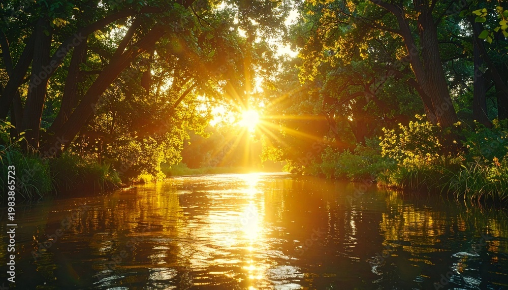 Obraz premium Sunlit river through forest canopy