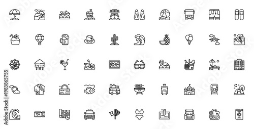 Vacation icon set. Summer travel vector pack. Includes beach, mountain, airplane, hotel, luggage, barbecue, swimsuit and more. Editable thin line icons.