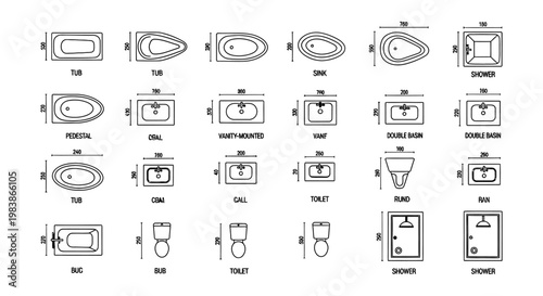 collection of top-down bathroom fixture drawings with dimensions