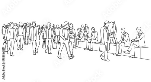 diverse crowd of people walking and sitting in a business district seen from a low angle