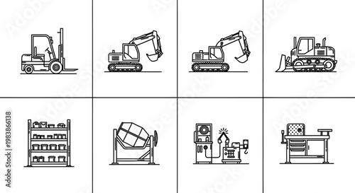 set of outline icons of construction and industrial equipment including forklift excavators dozer shelving mixer welding machine and desk