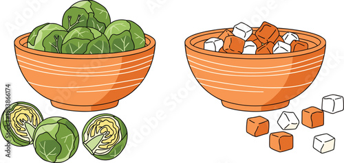 Bowls of Fresh Brussels Sprouts and Colorful Marshmallows, Healthy Vegetables and Sweet Treats for Food, Snacks, and Culinary Illustrations