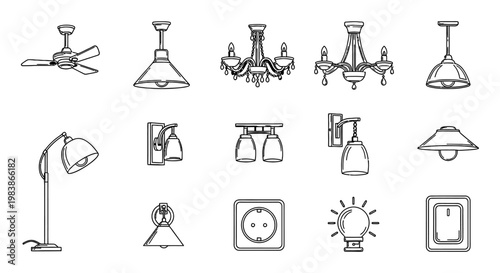 lighting fixtures electrical components and home decor line art icons for modern interior design and illumination concepts.
