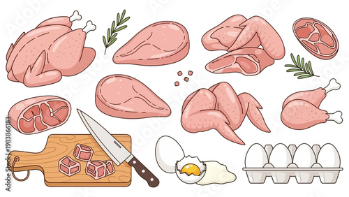 raw chicken fresh meat eggs and poultry ingredients with a knife and cutting board for food preparation.