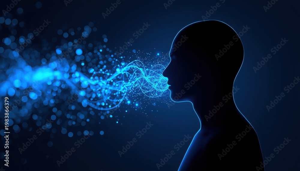 Obraz premium A silhouette of a person with a glowing blue light emanating from their mouth