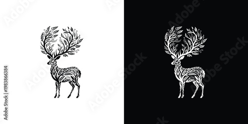 Black and white deer on contrasting backgrounds antlers