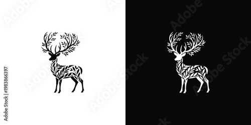 Black and white deer silhouettes with leafy antlers on white and black backgrounds