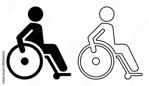 Wheelchair user icon pair in black, outlined and filled, accessibility symbol. Ideal for accessibility, disability support, or inclusive design.