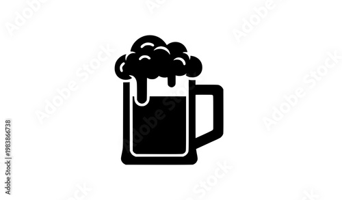 Beer Mug Silhouette Icon with Foam Pub Bar Logo Black Vector Illustration on White Background