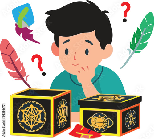 Thinking boy with mystery boxes vector transparent background EPS
