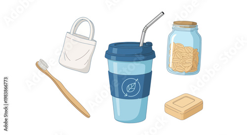 Sustainable Lifestyle Objects: Reusable cup, toothbrush, bag, jar, soap