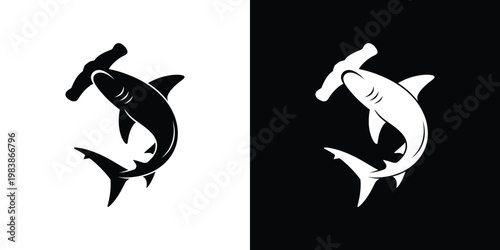 Black and white shark hammer on split background symbol