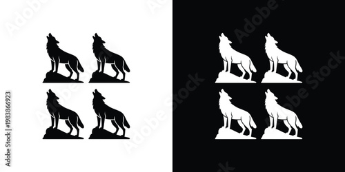 Black and white silhouettes of howling wolves on different backgrounds