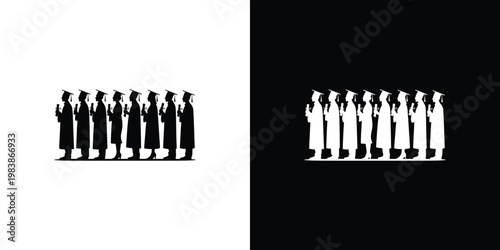 Black and white silhouettes of people in graduation gowns and caps
