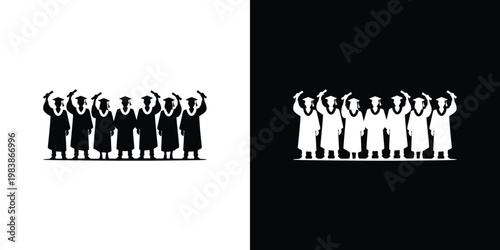 Black and white silhouettes of people with raised arms on contrasting backgrounds