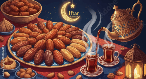 Ramadan Iftar Meal: Dates, Tea, Figs, and Nuts with Crescent Moon