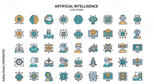 Collection of colorful artificial intelligence icons depicting various concepts