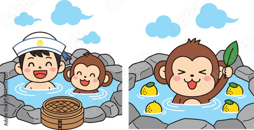 Cartoon Monkeys and Person Enjoying Hot Spring with Yuzu Fruit, Traditional Japanese Onsen Bath for Wellness and Relaxation Designs