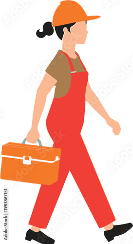 Female worker carrying toolbox vector transparent background EPS